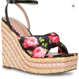 Betsey Johnson Black and Pink Floral Wedges